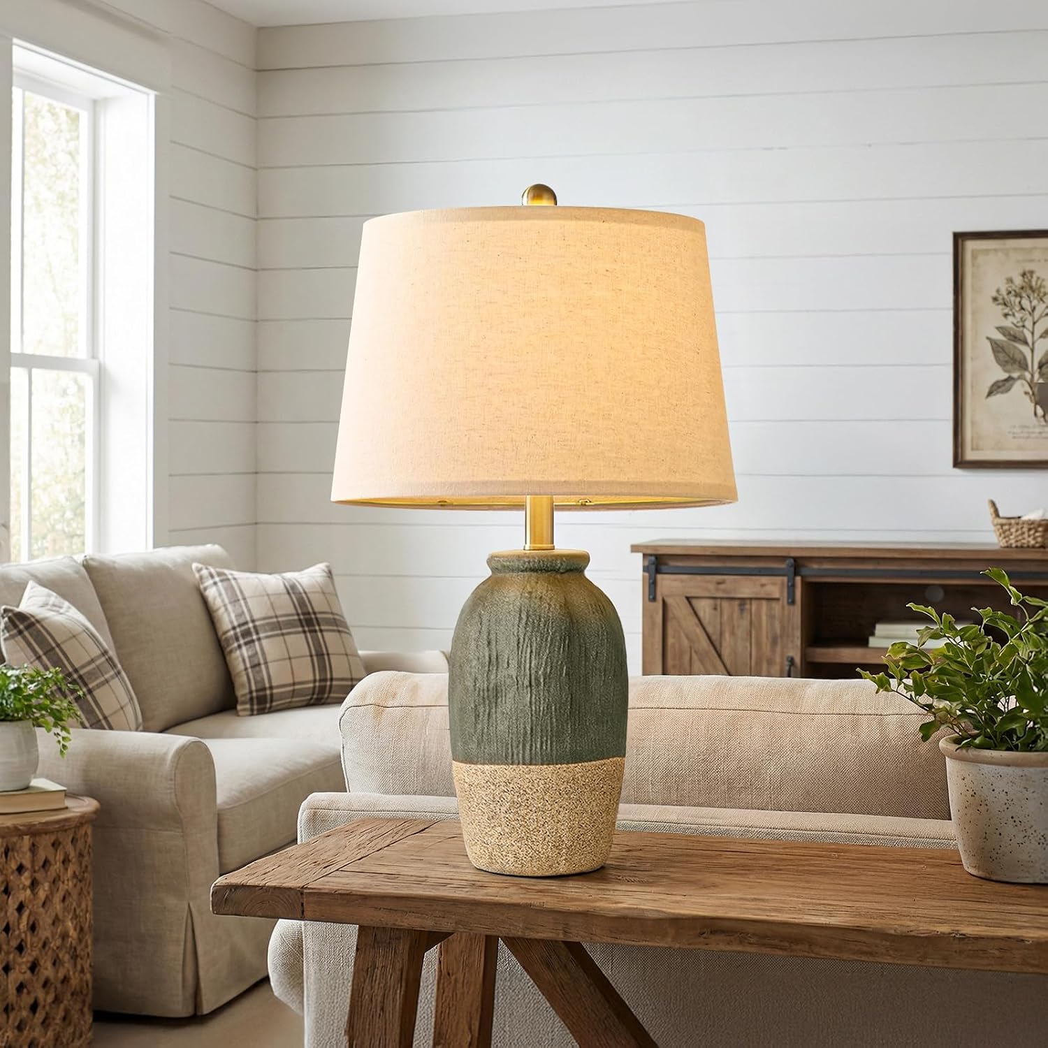 22.5" Hand-Textured Vintage Ceramic Table Lamp, Single Rustic Farmhouse Bedside Lamp with Linen Shade, Boho Lamp for Bedroom Living Room…