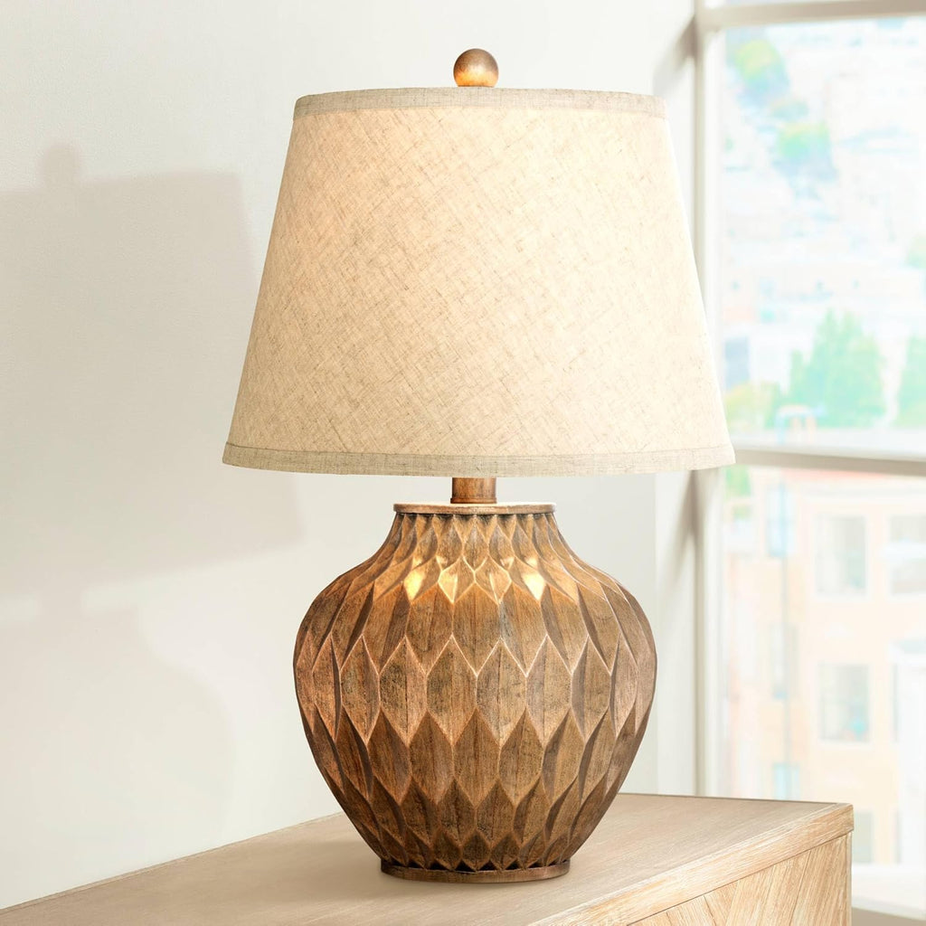 360 Lighting Buckhead Modern Accent Table Lamp 22" High Warm Bronze Brown Sculptural Geometric Textured Urn Tapered Fabric Drum Shade…