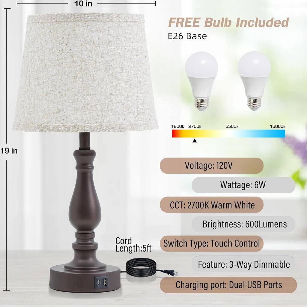 EJIAXIN Table Lamps for Bedrooms Set of 2 - Touch Bedside Lamps with USB C+A Ports - Dimmable Nightstand Lamps for End Tables Farmhouse…