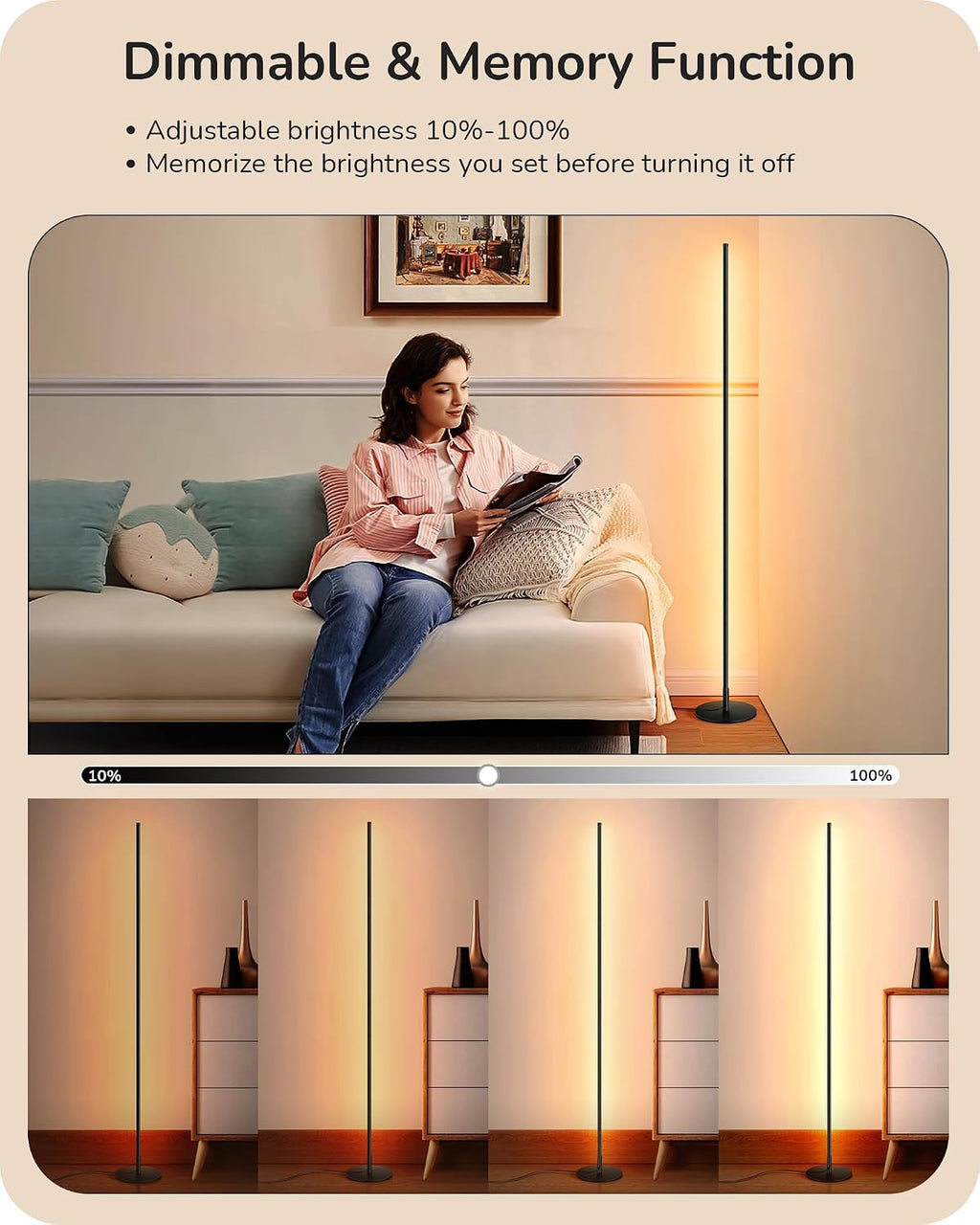 Edishine LED Corner Floor Lamp, 57.5" Minimalist Dimmable Sleek Light, Adjustable Height, Standing Tall Floor Lamps for Living Room, Bedroo…
