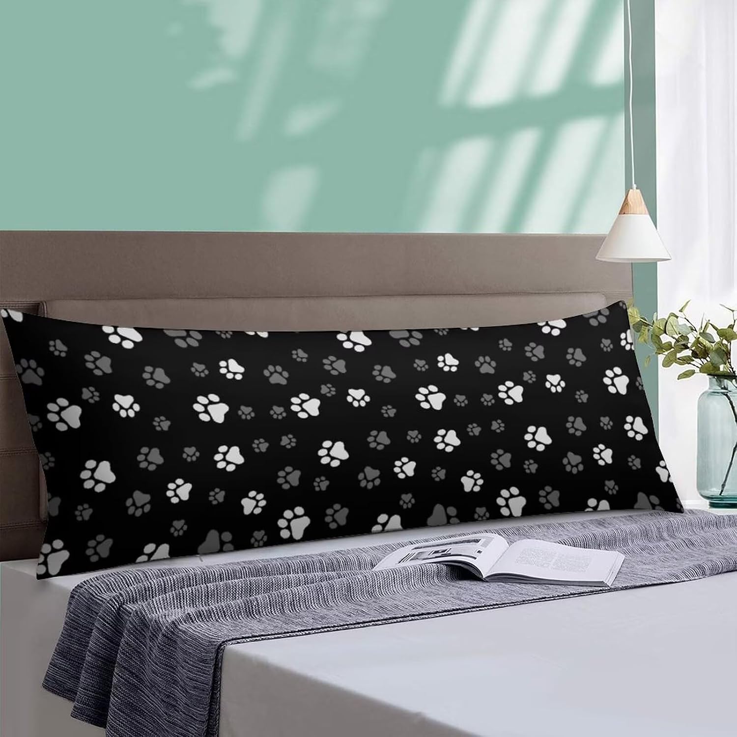 Body Pillow Cover Black White Grey Body Pillowcase Black White Grey Decorative Rectangle Long Pillow Cases Cute Animal Pet Footprint…