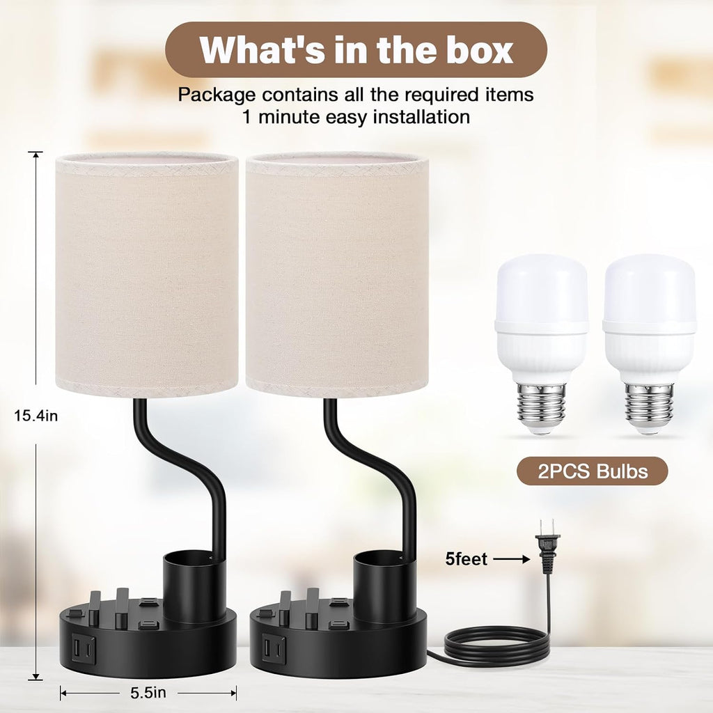 Bedside Table Lamps for Bedroom Set of 2 - Nightstand Light with AC Outlet and USB A & C for Charging, 3 Color Temperatures, Study Desk…