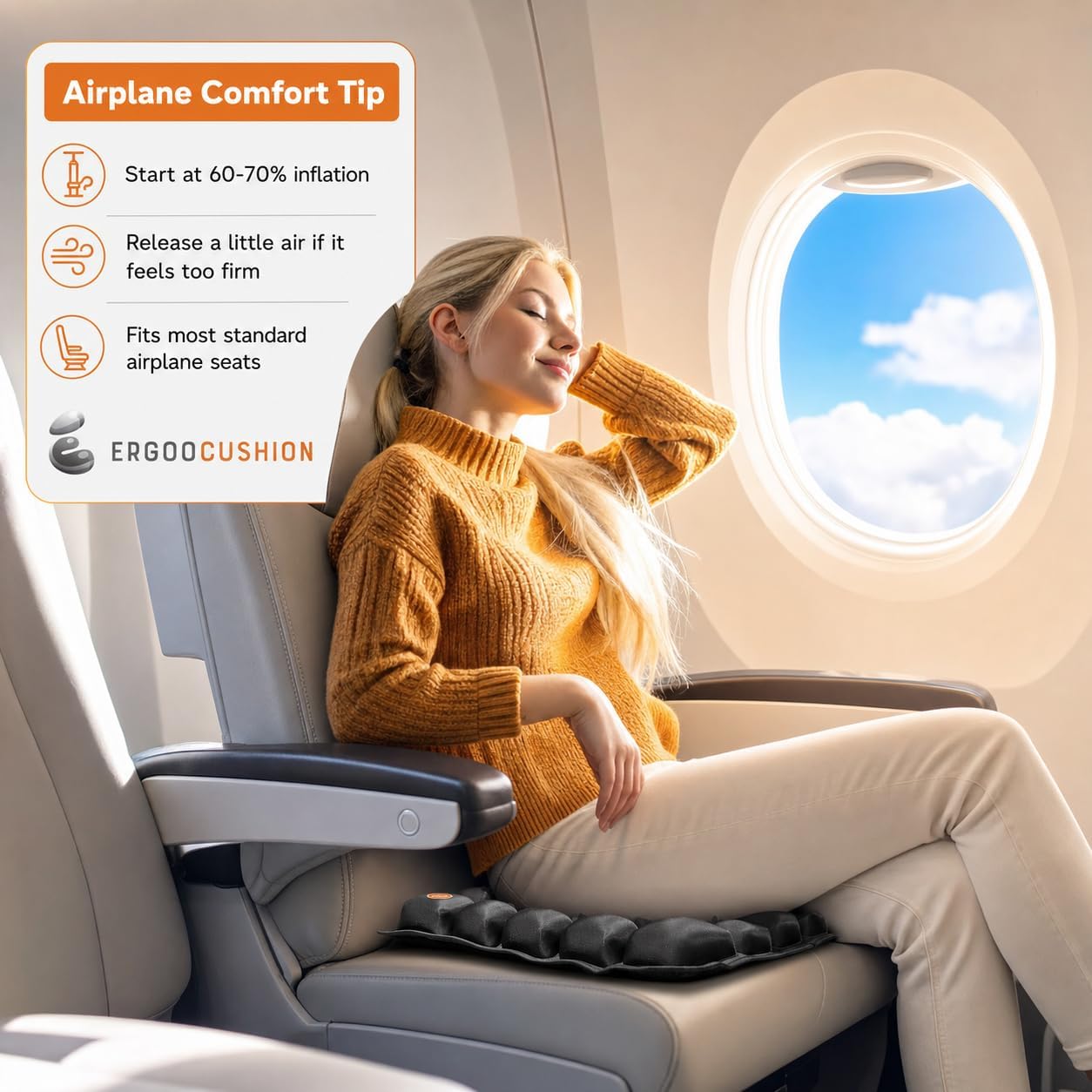 Inflatable Travel Seat Cushion with Built‐in Manual Pump, Adjustable Firmness & Compact Storage –Firm Support for Airplane, Car & Office…