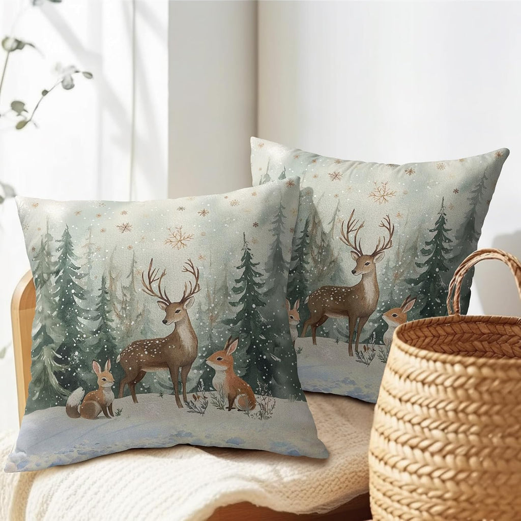 Xmas Reindeer Throw Pillow Cover 20x20 Inch Set of 2 Winter Trees Snowflake Holiday Animals Pillowcase Christma Deer Farmhouse Cushion…