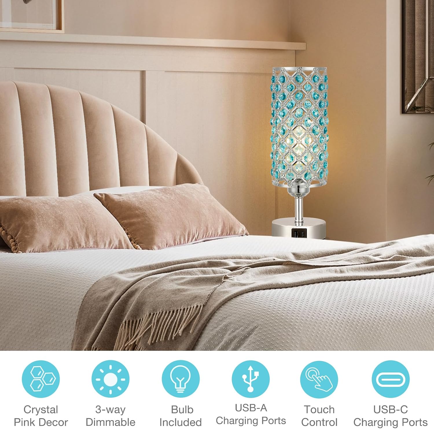 Hong-in Blue Crystal Table Lamp - 3-Way Dimmable Touch Control, Bedside Lamp with USB C and A Ports, Nightstand Light for Living Room…