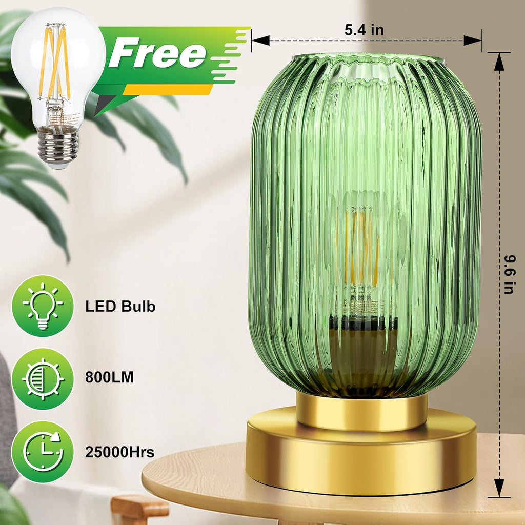 Mid Century Modern Table Lamp, Touch Control & 3 Way Dimmable, Green Ribbed Glass Shade, Small Gold, Vintage Bedside Lamp for Bedroom…