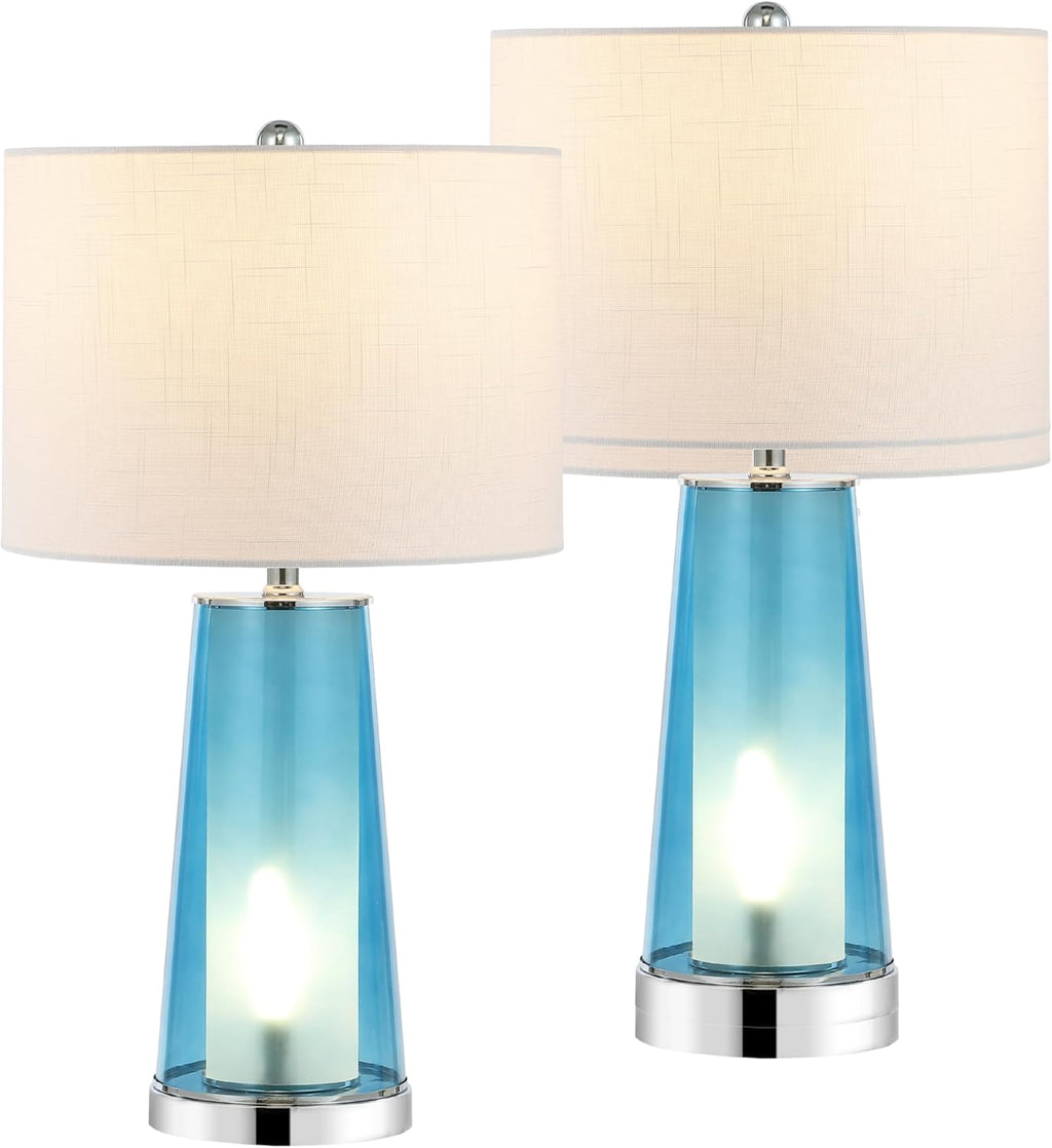 Jonathany JONATHAN Y 26" Chrome/Clear Blue Nightlight Table Lamp Set of 2 for Bedroom, Modern Glass Desk Lamps with White Fabric Shade, Far…