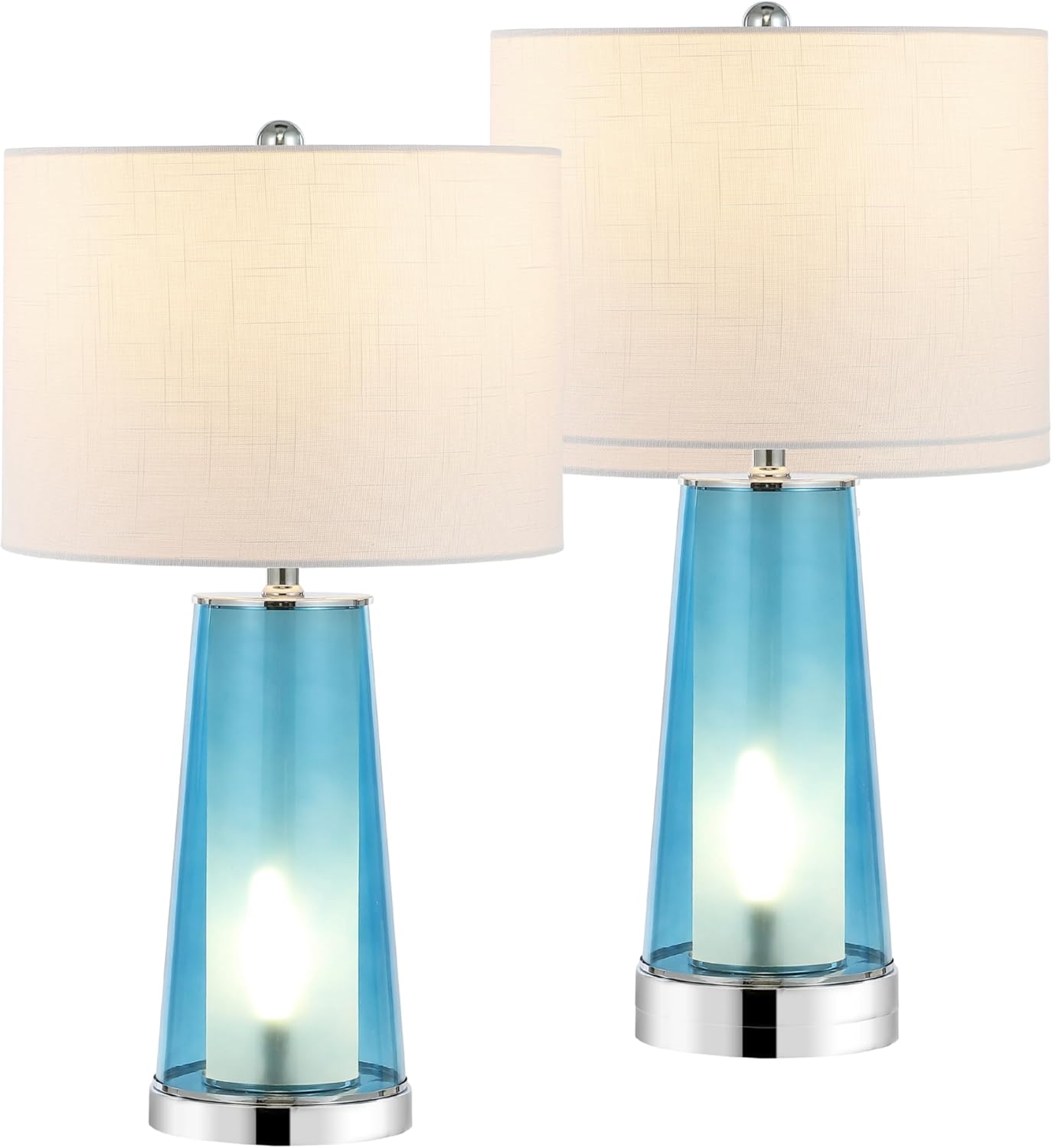 Jonathany JONATHAN Y 26" Chrome/Clear Blue Nightlight Table Lamp Set of 2 for Bedroom, Modern Glass Desk Lamps with White Fabric Shade, Far…