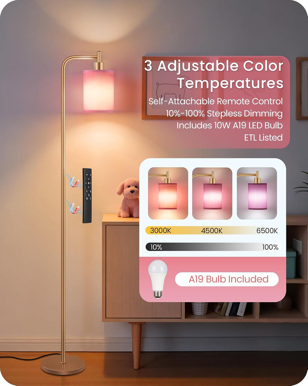 Dimmable Floor Lamp for Living Room with Remote and Foot Switch, Modern Standing, Corner Lamp,10W Bulb 3 Color Temperatures, for Bedroom…