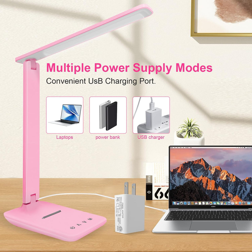 WhiteCrown White crown LED Desk Lamp Dimmable Table Lamp Reading Lamp with USB Charging Port, 5 Lighting Modes, Sensitive Control, 30/60 Mi…