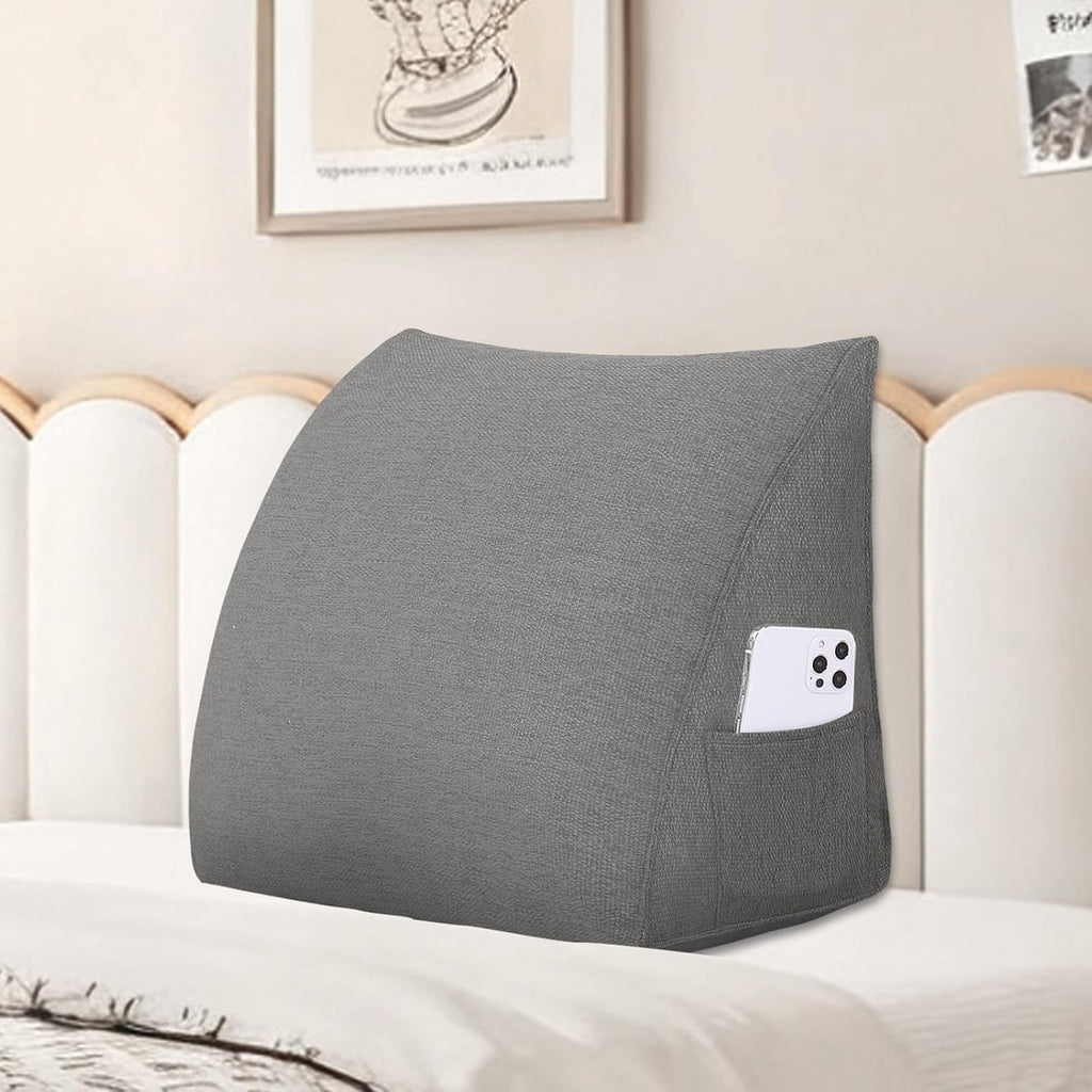 Wedge Headboard Pillow Reading Pillows for Sitting in Bed Adult Backrest Cushion with Removable Cover Side Pockets Sofa Grey Polyester