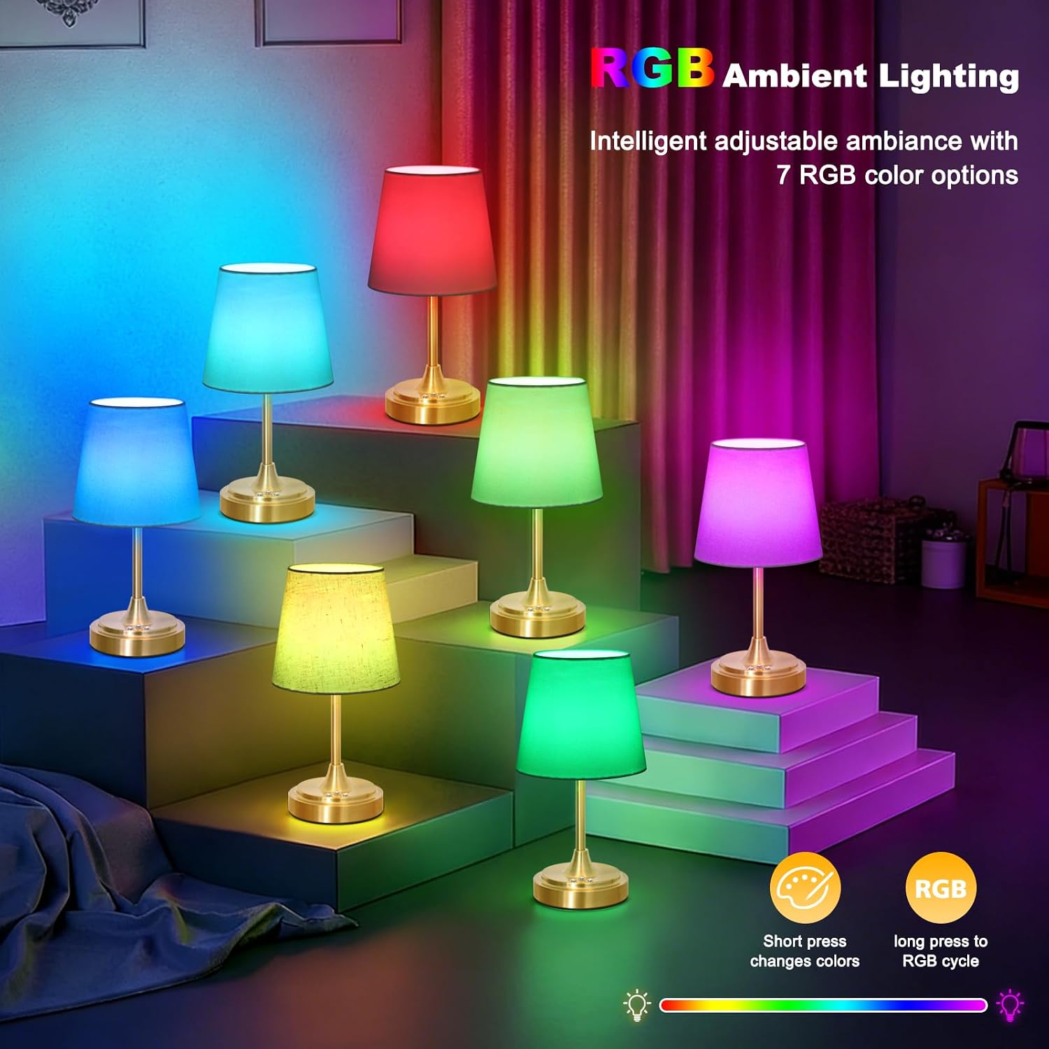 Wowag Small Cordless Table Lamp Rechargeable,5000mAh Battery Operated Desk Lamp,3 Colors & 7 RGB Stepless Dimmable, Touch Ambient Light…