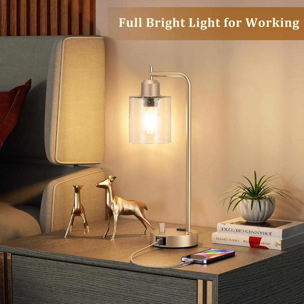 Innqoo Champagne Gold Industrial Bedside Table Lamp for Bedroom - Nightstand Lamps with USB C Charging Port, Fully Dimmable Black Ports…