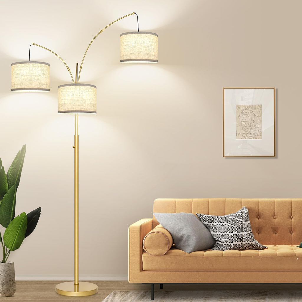 Dimmable Gold Floor Lamp, 3 Lights Arc Floor Lamps for Living Room, Modern Tall Standing Tree Lamp with White Shade & Heavy Base, Large…