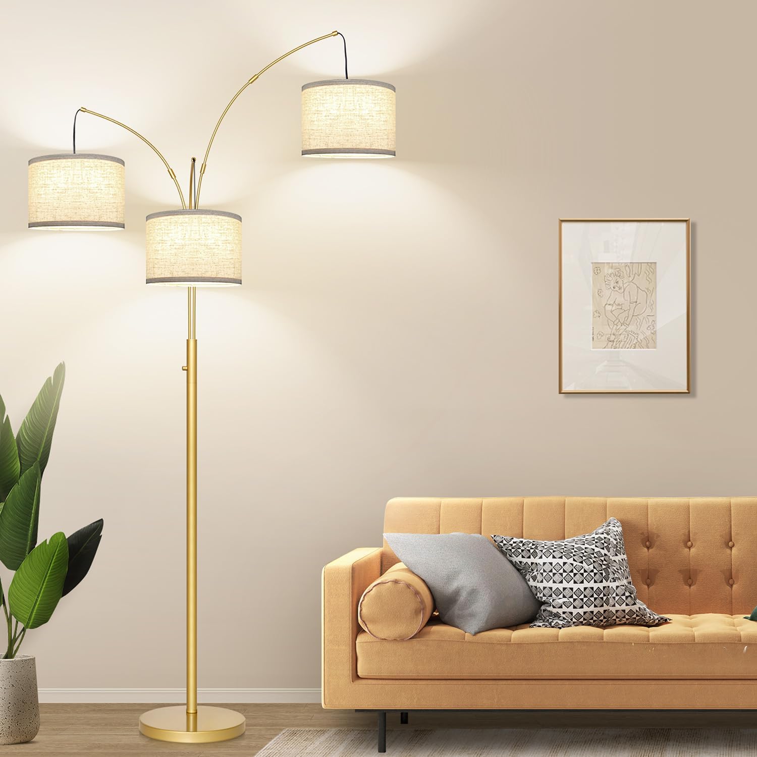 Dimmable Gold Floor Lamp, 3 Lights Arc Floor Lamps for Living Room, Modern Tall Standing Tree Lamp with White Shade & Heavy Base, Large…