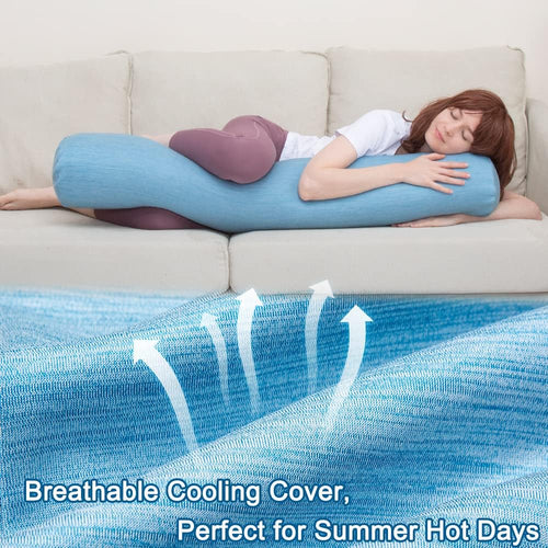 1 MIDDLE ONE Body Pillow, Bolster Pillow with Cooling Cover, Long Round Roll Cylinder Pillow for Bed, 35" x 7.87", Blue