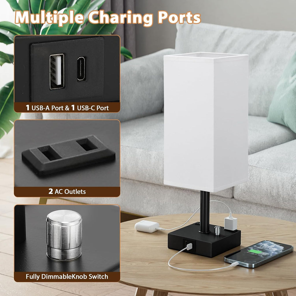 aooshine White Fully Dimmable Nightstand Lamps Set of 2 - Table Bedside Lamp with USB C+A Charging Ports & 2 AC Outlets, Square Lamp Sets…