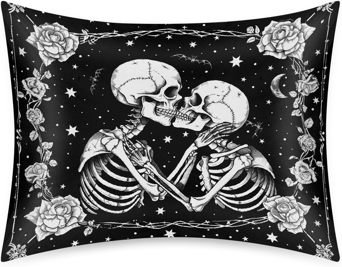 Satin Pillowcase for Hair and Skin Black Halloween Skull Couple Soft Silk Pillow Case with Envelope Closure Cooling Pillow Cases Slip…