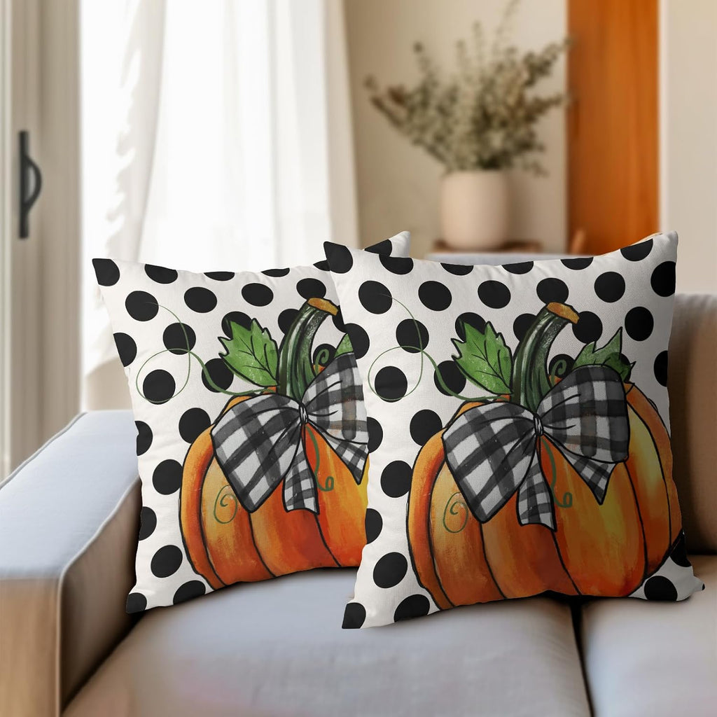 Fall Outdoor Pillows Covers 16x16 Inch Set of 2 Orange Pumpkin Black Polka Dot Decorative Throw Pillowcase Autumn Thanksgiving Seasonal…