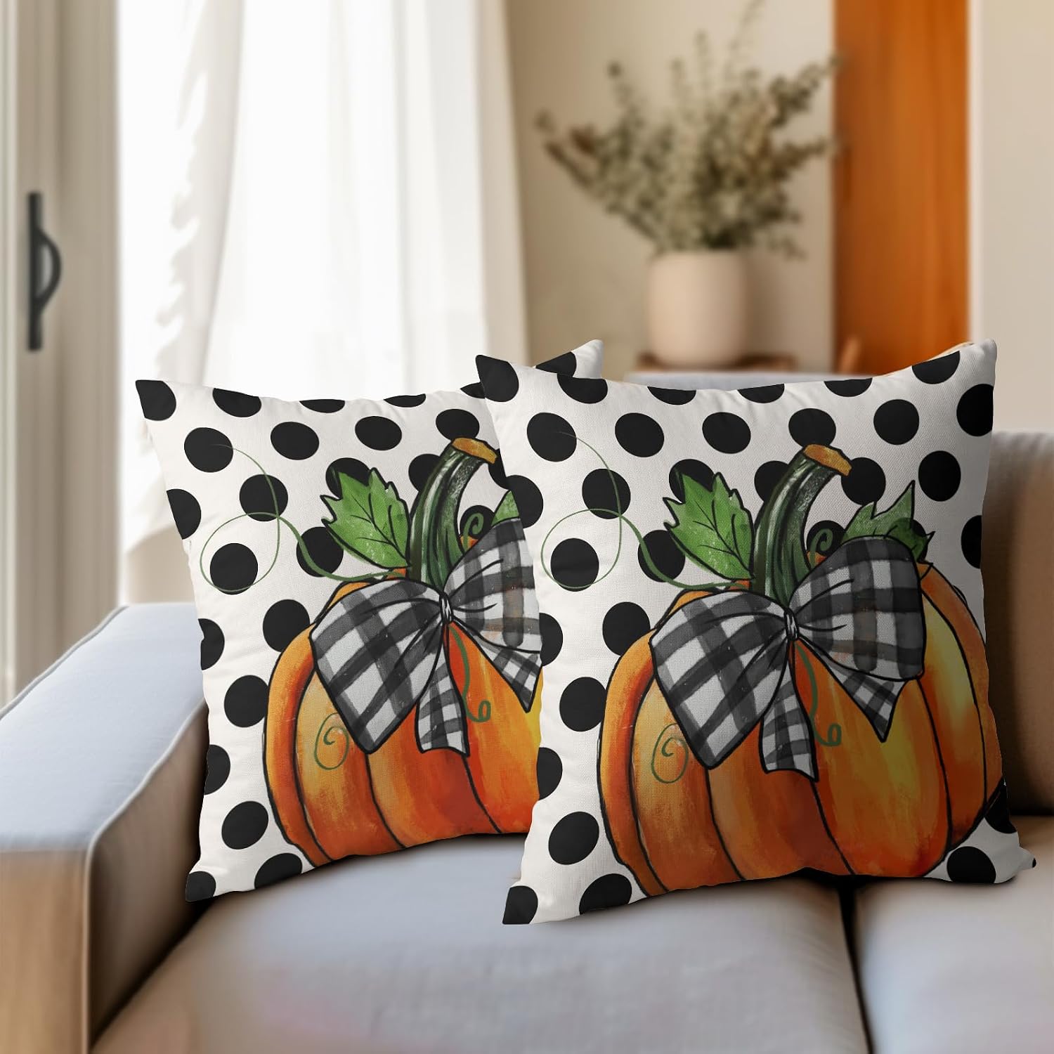 Fall Outdoor Pillows Covers 16x16 Inch Set of 2 Orange Pumpkin Black Polka Dot Decorative Throw Pillowcase Autumn Thanksgiving Seasonal…