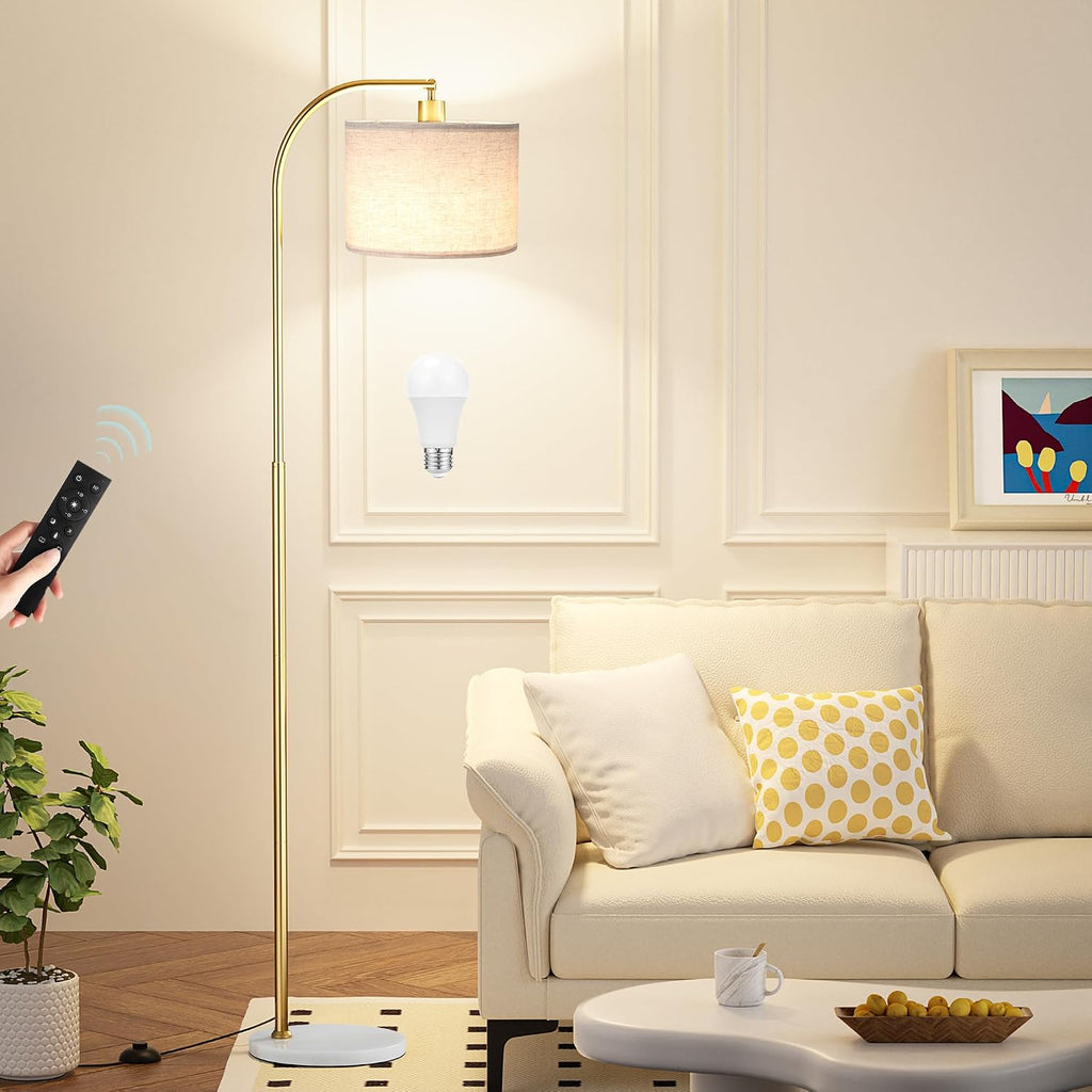 Ambimall Arc Floor Lamp with Remote and Stepless Dimmable Bulb, Colors Temperature & Brightness Adjustable, Gold Pole & Marble Base Gold