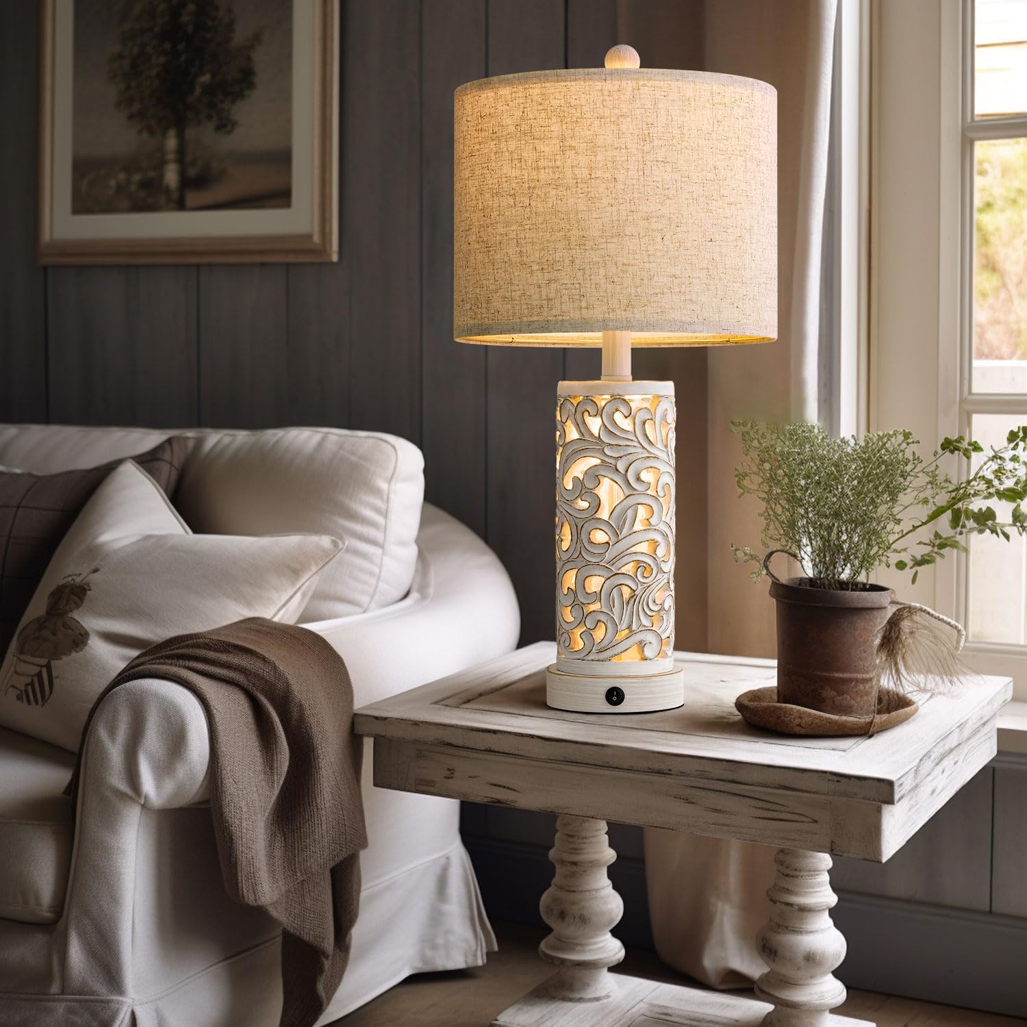 Oyears 22'' Table Lamp Set of 2 for Living Room, Farmhouse Lamp for for Bedroom, Vintage Retro Bedside Lamps with USB Ports Linen Shade for H…