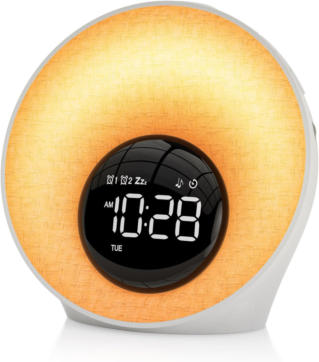AFEXOA Sunrise Alarm Clock with Wake Up Light, White Noise Machine with 30 Soothing Sounds, 8 Color Dimmable Night Light, Dual Alarms for…