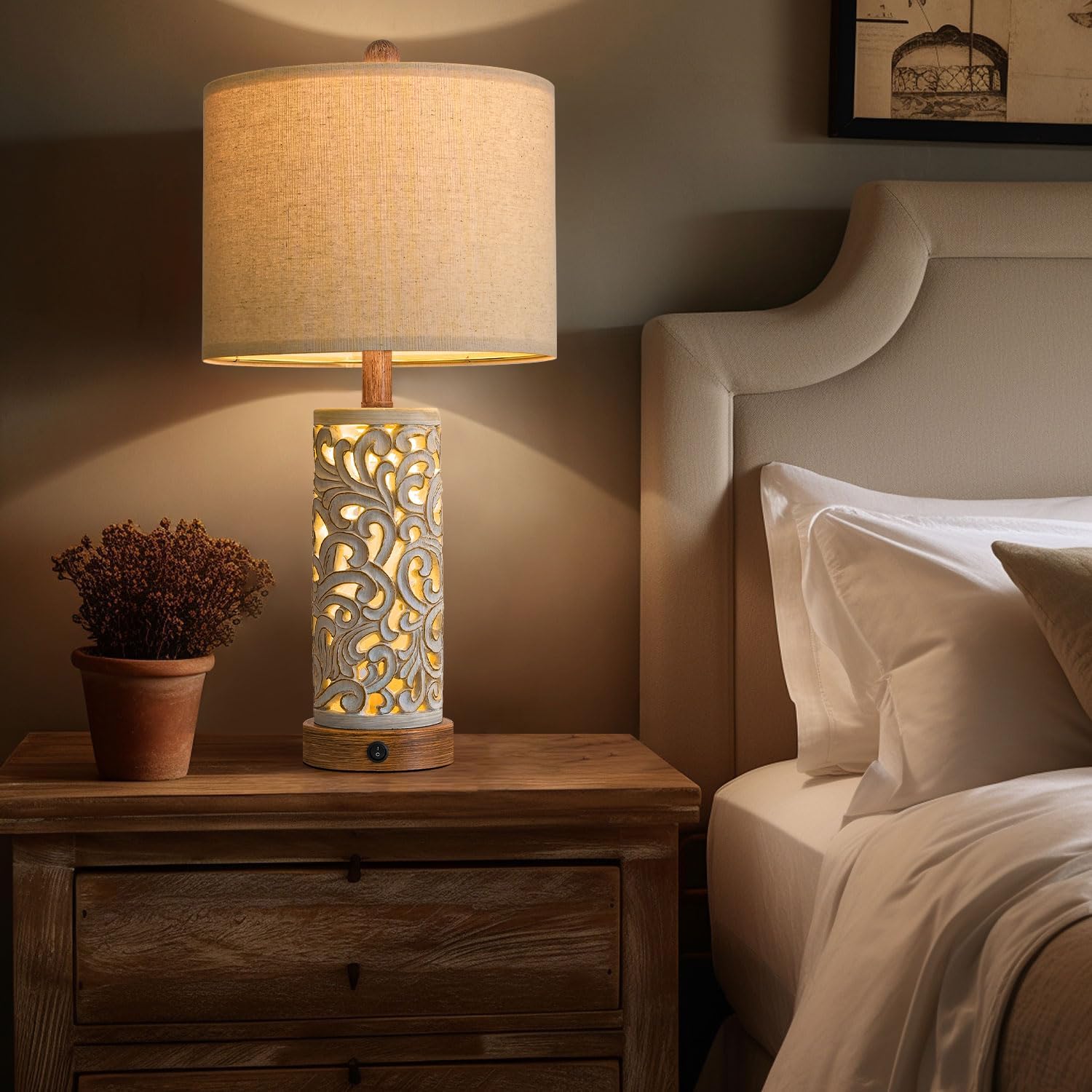 Oyears 22'' Table Lamp Set of 2 for Living Room, Farmhouse Lamp for for Bedroom, Vintage Retro Bedside Lamps with USB Ports Linen Shade for H…