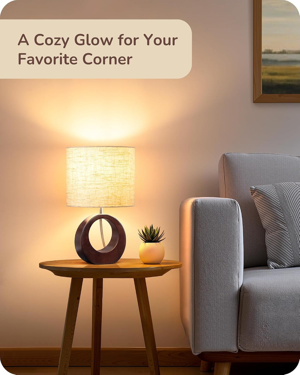 EDISHINE 13.4" Samll Wood Table Lamp, Modern Bedside Lamp with Beige Linen Lampshade & ON-Off Switch, E26 Base, Nightstand Lamp for…
