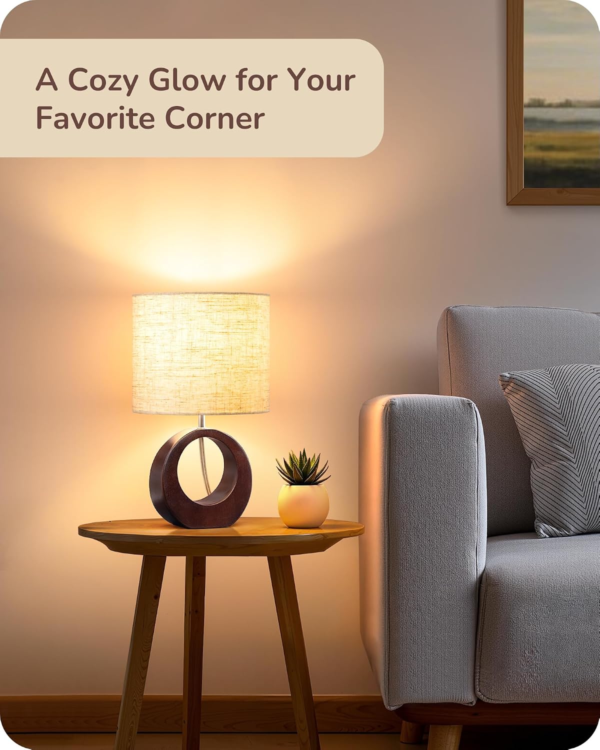 EDISHINE 13.4" Samll Wood Table Lamp, Modern Bedside Lamp with Beige Linen Lampshade & ON-Off Switch, E26 Base, Nightstand Lamp for…