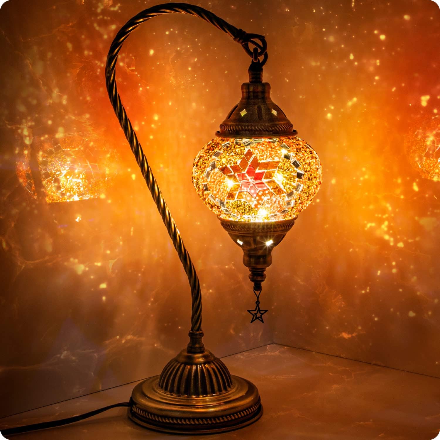Yarra-Decor Turkish Moroccan Lamp with Bronze Base 3-Way Color Changing Handmade Swan Neck Tiffany Mosaic Glass Bedside Lamps for Bedroom…