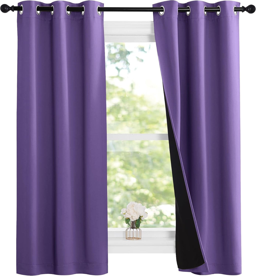 Nicetown 100% Blackout Short Curtains with Black Liners, 2 Panels, 37" W by 60" L, Lilac Purple, Thermal Insulated Full Blackout 2-Layer Li…
