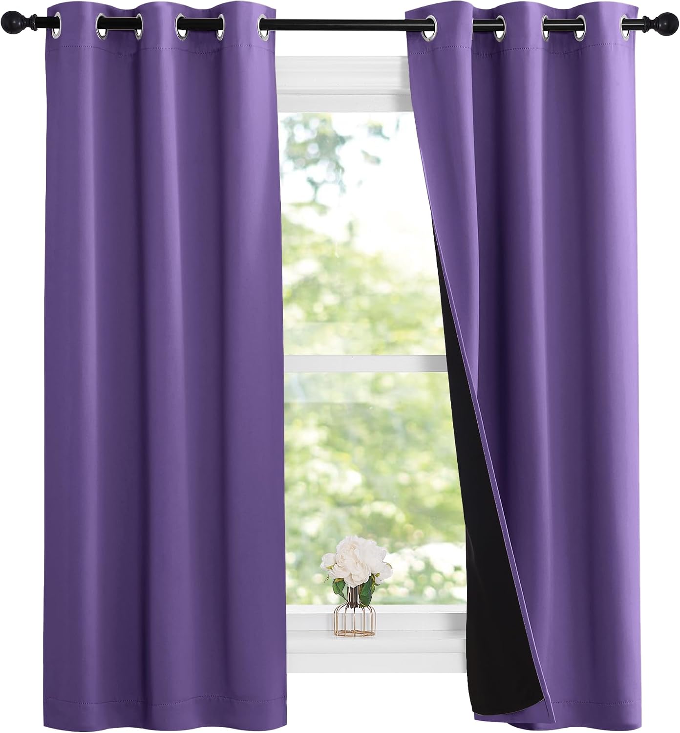 Nicetown 100% Blackout Short Curtains with Black Liners, 2 Panels, 37" W by 60" L, Lilac Purple, Thermal Insulated Full Blackout 2-Layer Li…