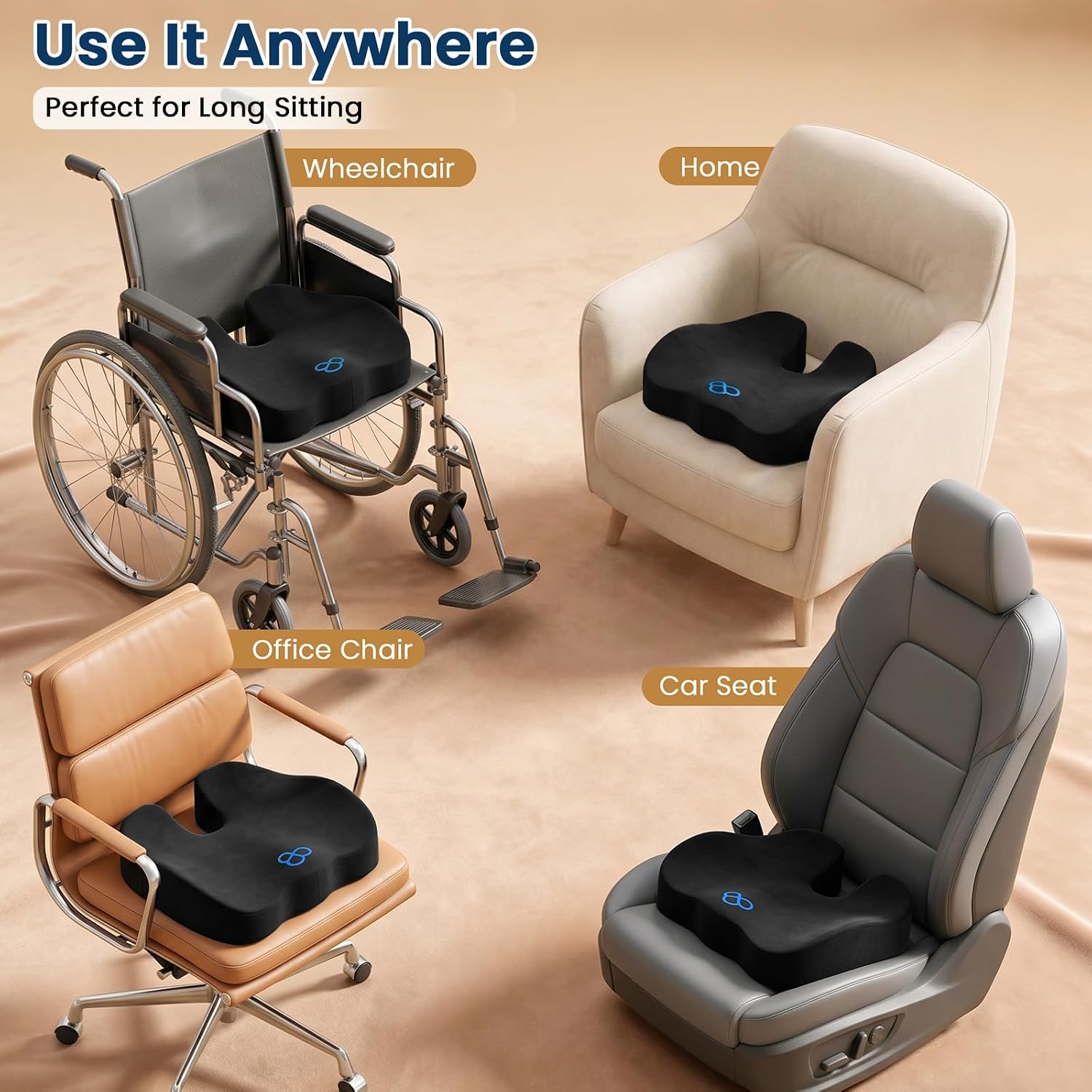 BlissTrends Seat Cushion with Velvet Cover, Thick Memory Foam Cushions for Office Chair, Car Seat, Airplane, Relieving Pressure Tailbone…