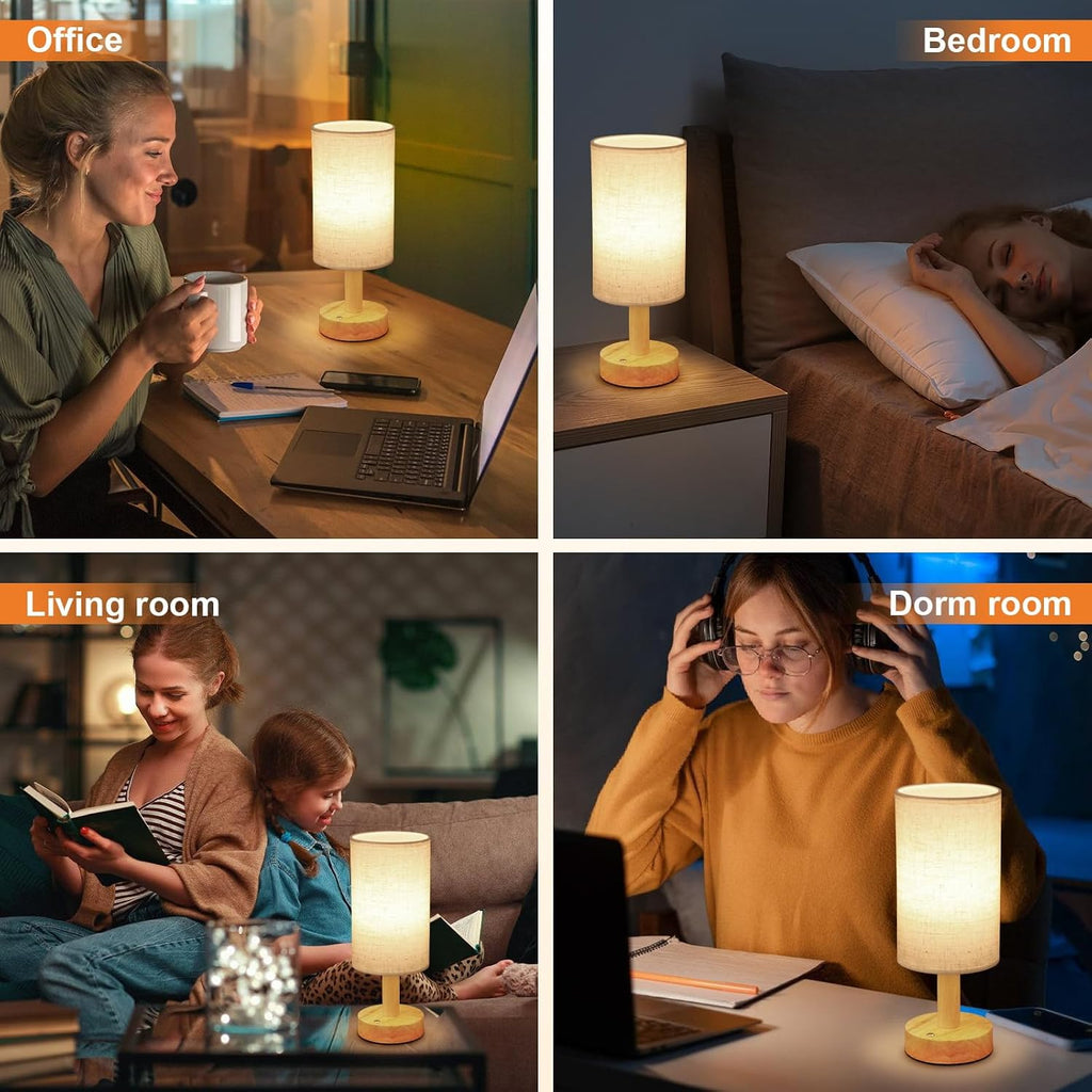 Rechargeable Cordless Touch Table Lamp with Stepless Dimming, Natural Wood Base&Linen Shade, Small Battery Wireless Ambient Night Light for…
