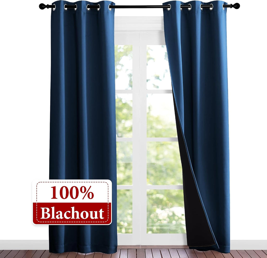 Nicetown 100% Blackout Short Curtains with Black Liners, Solid Thermal Insulated Full Blackout 2-Layer Lined Energy Efficiency Window Drape…