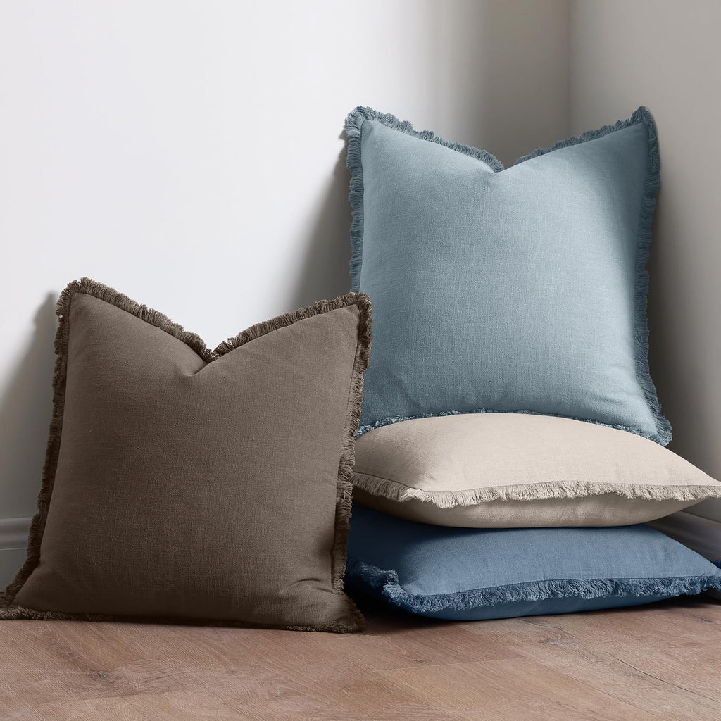 Anroduo Set of 2 Decorative Throw Pillow Covers 18×18 Inch Soft Linen Fringe Farmhouse Boho Vintage Cushion Covers with Tassels Accent Pill…