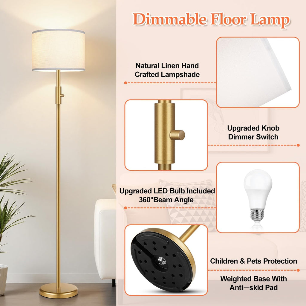 Upgraded】 Dimmable Gold Floor Lamps for Living Room, 9W LED Bulb Included, Modern Standing Lamp with White Lamp Shade, Tall Pole Light…