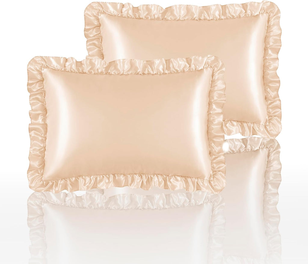 HommxJF Silky Satin Ruffled Pillow Cases for Hair and Skin, Champagne Silk Pillowcases King Set of 2 with Envelope Closure Princess Room 7.5…