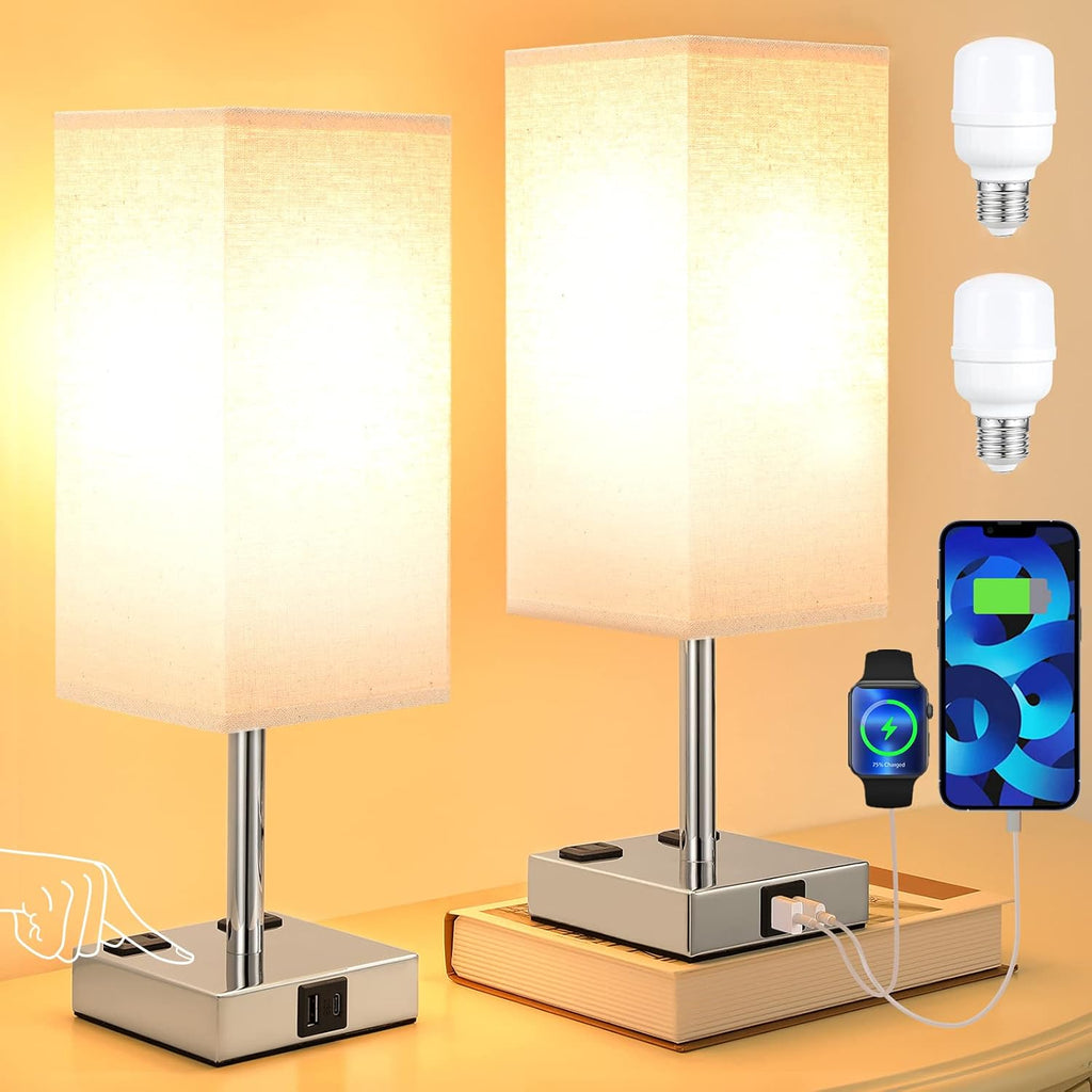 aooshine Beige Set of 2 Touch Lamp with USB Port-Nightstand Lamp with USB-C+A Charge Ports& AC Outlets, 3-Way Dimmable Bedside Lamp with…