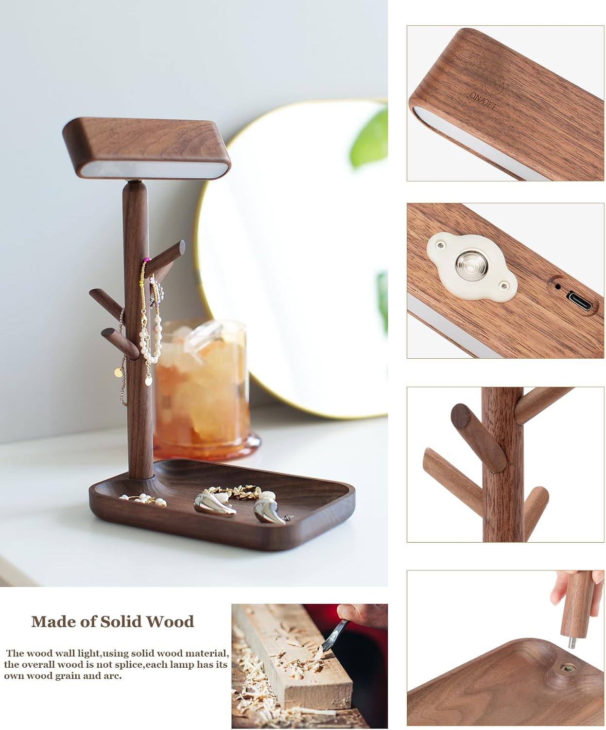 Wooden Table Lamp, Tree Trunk Rechargeable LED Bedside Lamp with Jewelry Tray, 360° Rotating Cordless Lamp for Nightstand or Entryway…