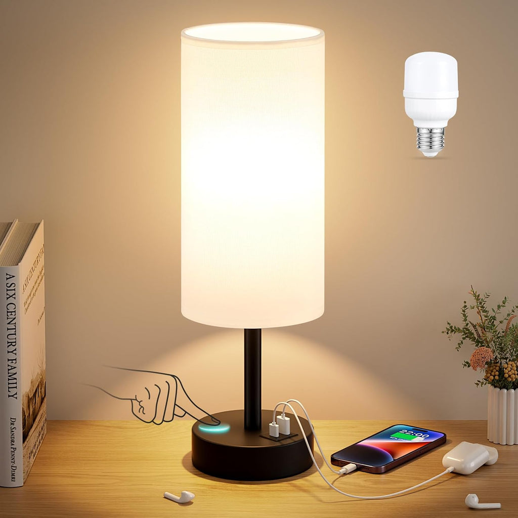 Dicoool White Touch Table Lamp with USB - 3 Way Dimmable Bedside Lamp for Nightstand, Bedroom Lamp with Black Charging Station for Desk…