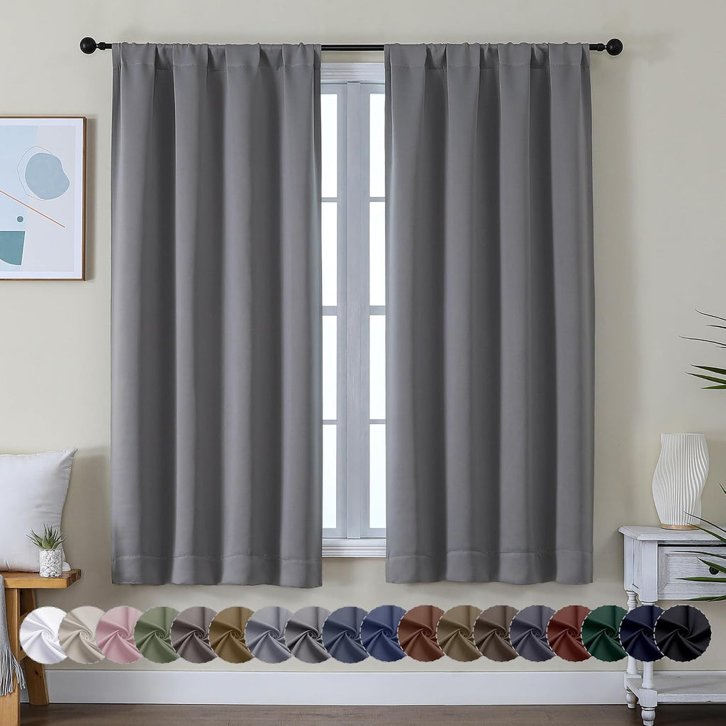 Simplebrand Ava Light Grey Blackout Curtains for Bedroom 63 Inch Length 2 Panels, Solid Thermal Insulated Energy Saving Rod Pocket Window T…