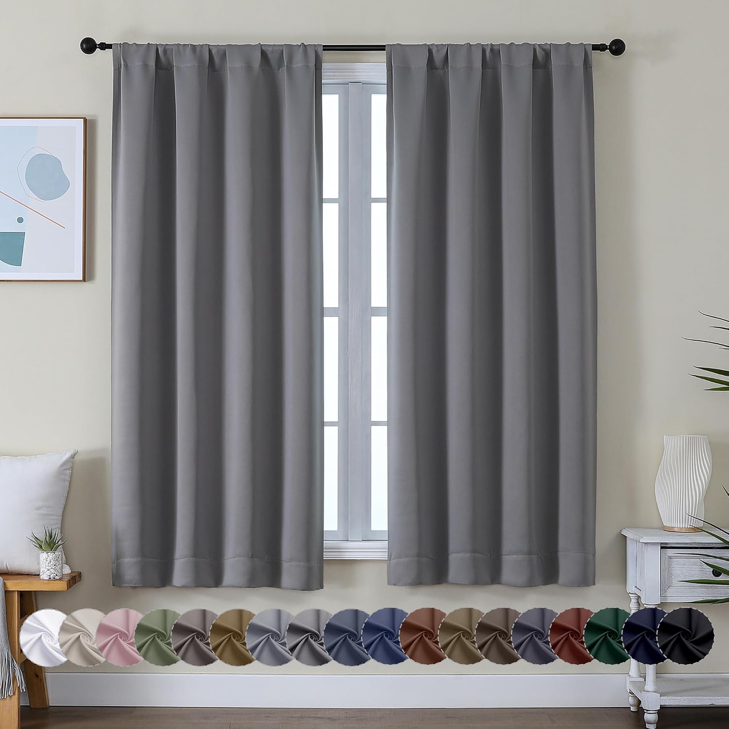 Simplebrand Ava Light Grey Blackout Curtains for Bedroom 63 Inch Length 2 Panels, Solid Thermal Insulated Energy Saving Rod Pocket Window T…
