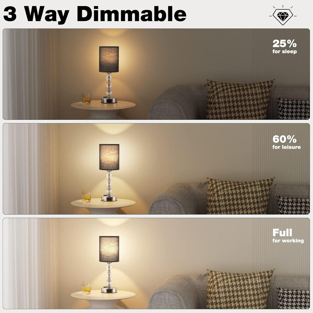 Black Touch Bedside Lamps for Bedrooms - Crystal Table Lamp with USB C+A Charging Port and AC Outlet Nightstand, 3 Way Dimmable Silver…
