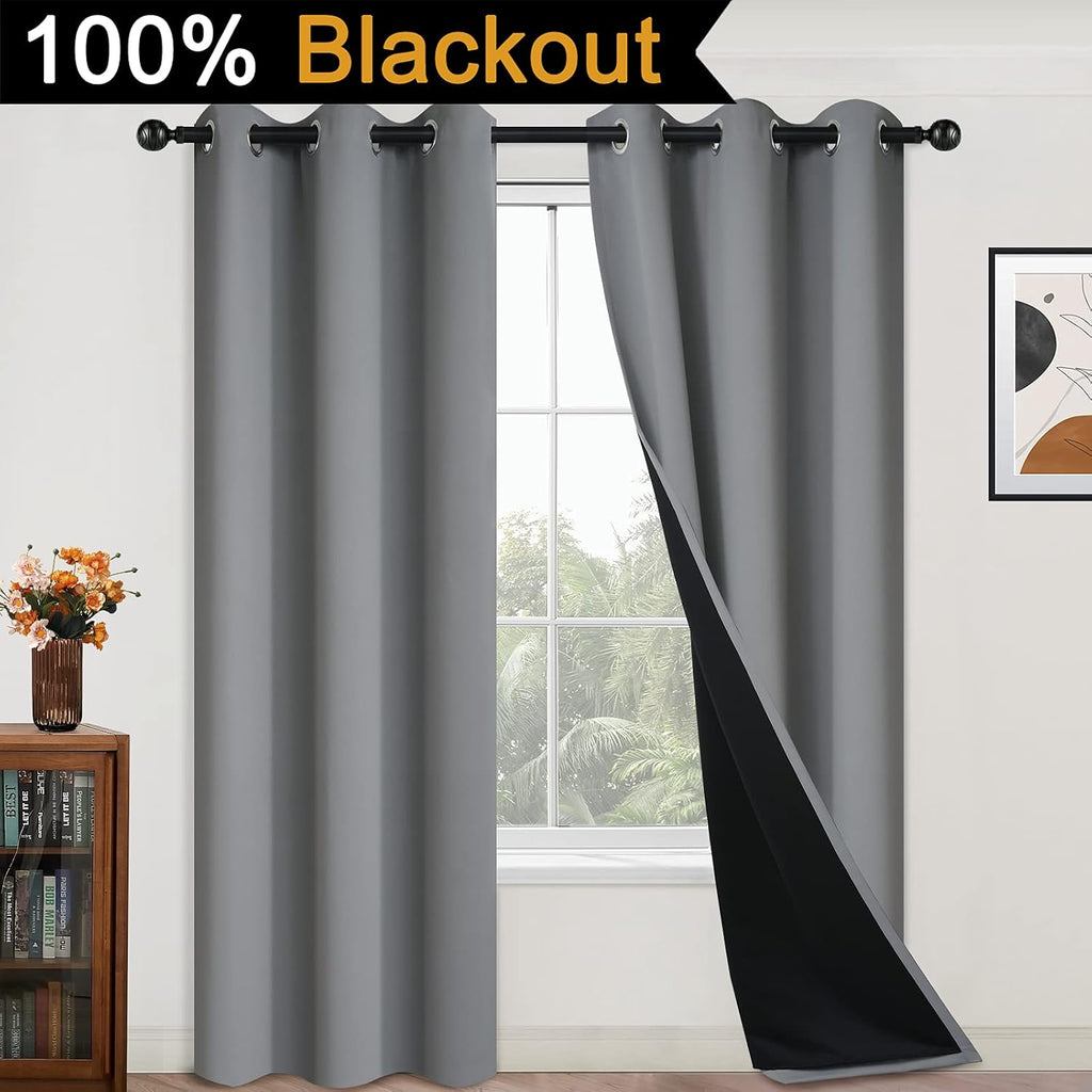 Yakamok 84 Inch Length 100% Blackout Curtains for Bedroom, 2 Thick Layers Thermal Insulated Grommet Total Blackout Drapes with Black Liner…