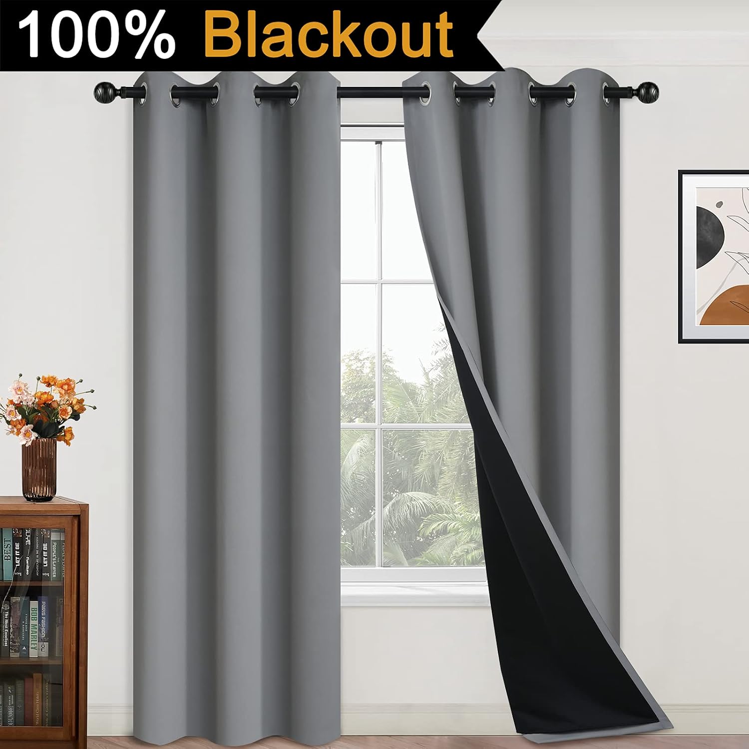 Yakamok 84 Inch Length 100% Blackout Curtains for Bedroom, 2 Thick Layers Thermal Insulated Grommet Total Blackout Drapes with Black Liner…