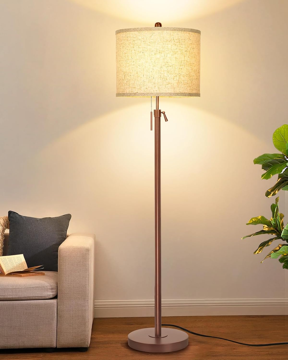 Qingmiao Metal Brown Floor Lamp for Living Room, Adjustable Height Standing Lamp, Pole Light for Bedroom, with Linen Shade and Metal…