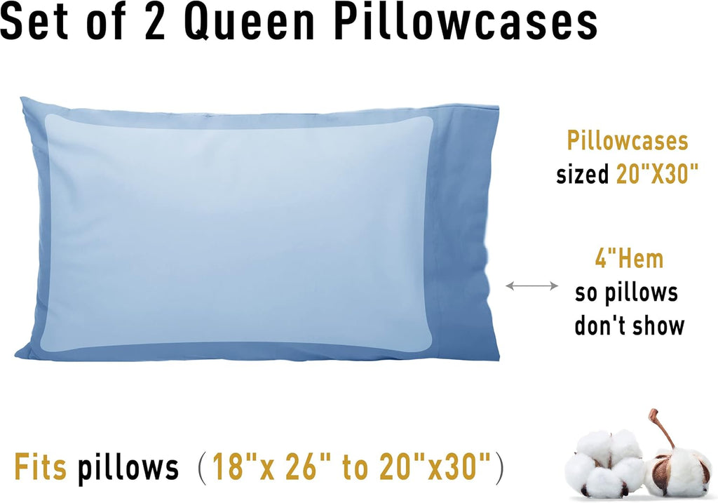 Sunflower Queen Pillowcases Set of 2, 100% Cotton Queen Size Pillow Cases 2, 20×30 inches Placid Blue, Soft and Breathable