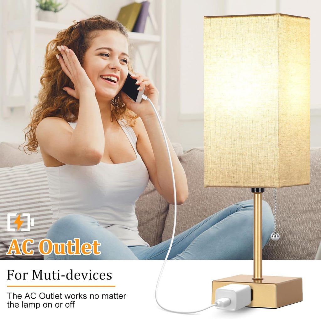 Table Lamp for Bedroom set of 2,3-Color Bedside Lamps with Pull Chain Table Lamps for Nightstand with AC Outlets, Small Night Light Lamps…